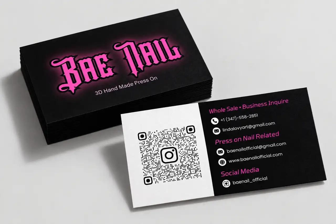 Bae Nail black business cards with pink lettering