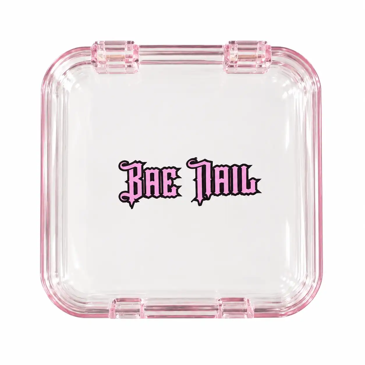 Clear pink nail case with the Bae Nail logo