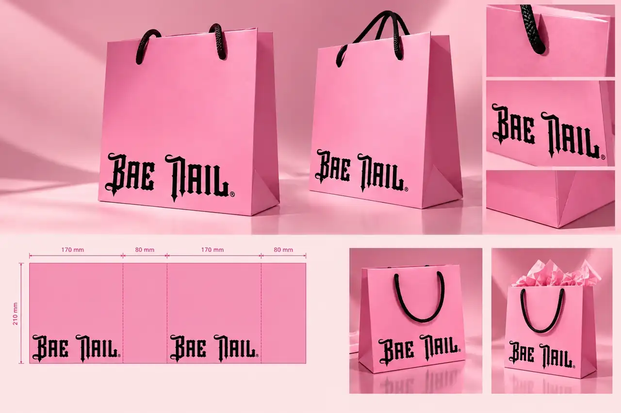 Pink Bae Nail shopping bags, production dieline and packaging details