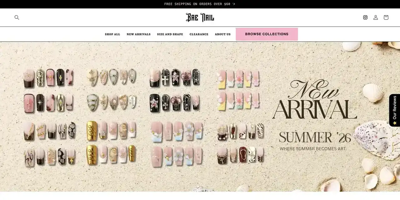 Bae Nail desktop ecommerce homepage featuring the Summer ’26 New Arrival collection