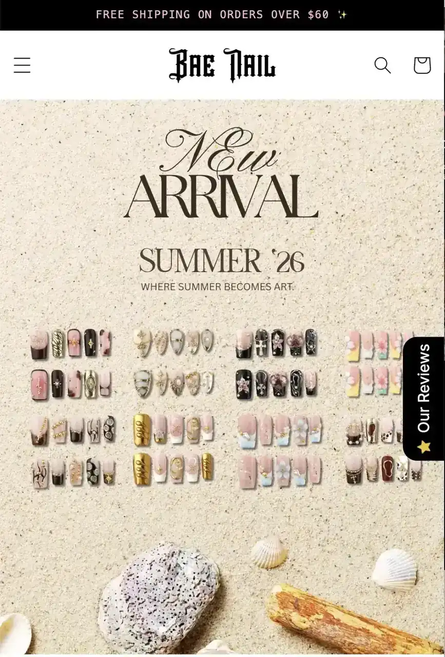 Responsive mobile version of the same Bae Nail Summer ’26 ecommerce homepage