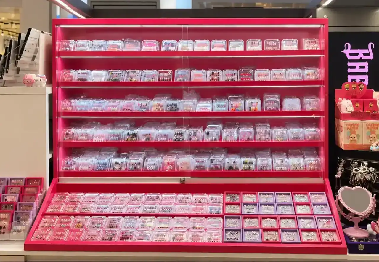 Completed pink Bae Nail fixture filled with nail collections at Tysons Corner