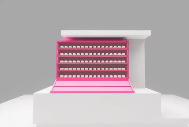 Front view of the pink and white retail fixture design