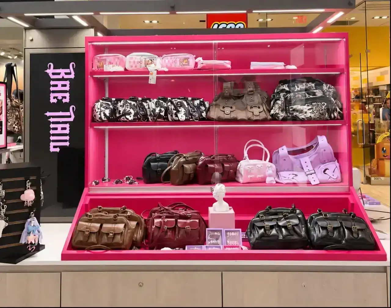 Final fixture with handbags and merchandise displayed