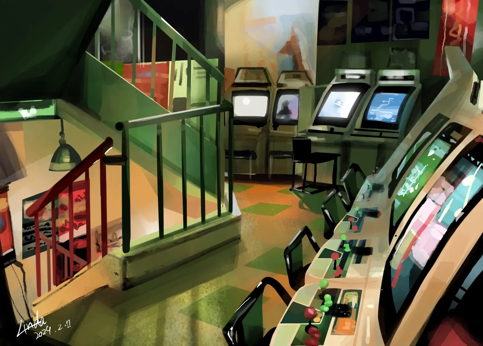 A green and amber arcade interior with rows of game cabinets and a staircase.