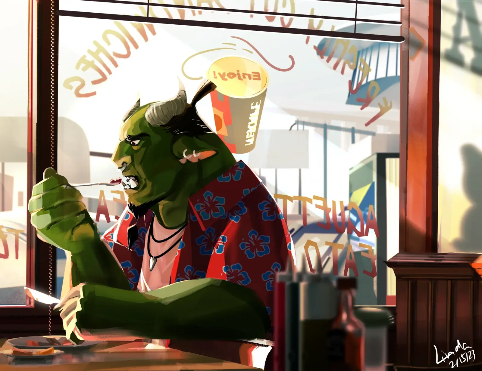 A green horned character eating in a sunlit café, wearing a red floral shirt.