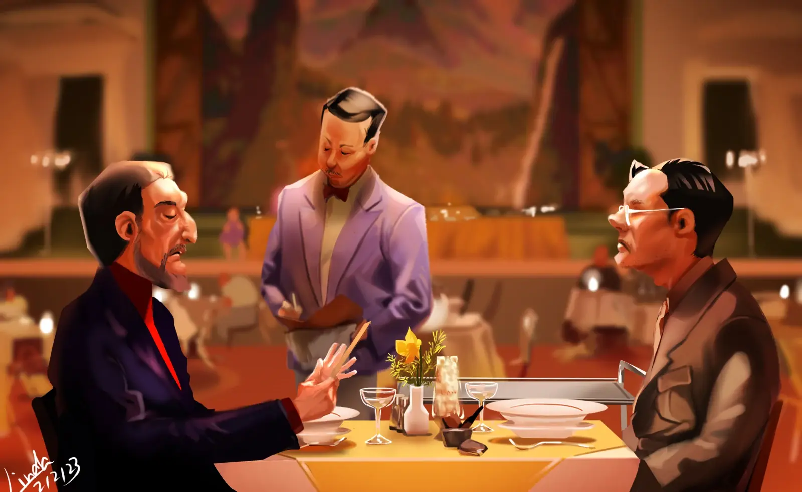Two men seated at a restaurant table with a waiter between them in warm amber light.