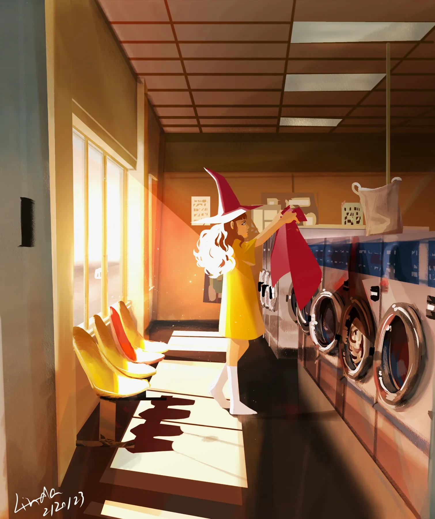 A young witch washing a red garment in a laundromat filled with warm afternoon sunlight.