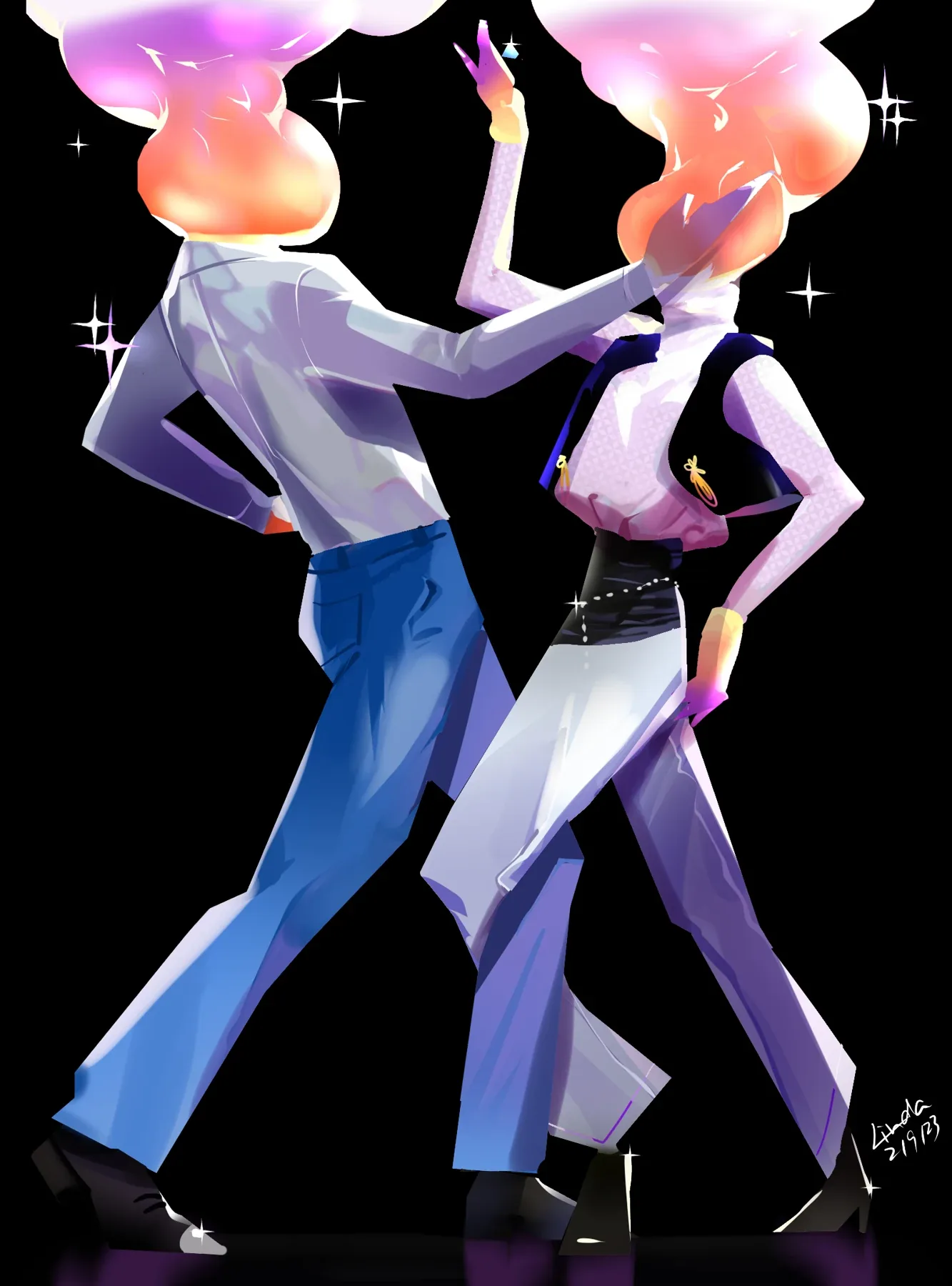 Two elegantly dressed figures with glowing pink, orange and lavender smoke in place of their heads.