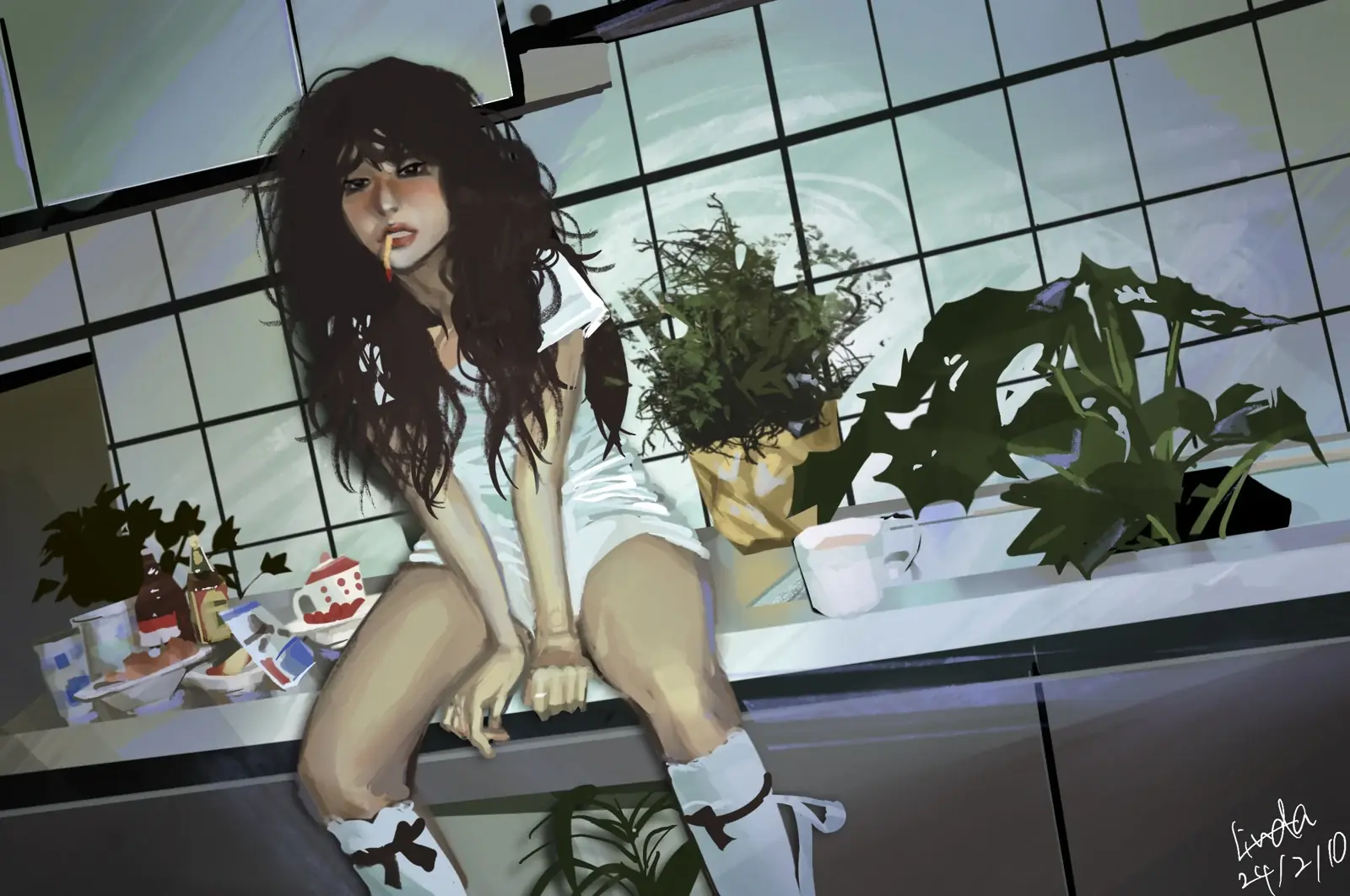 A dark-haired woman seated by a tiled window surrounded by plants and cups, painted in cool muted tones.