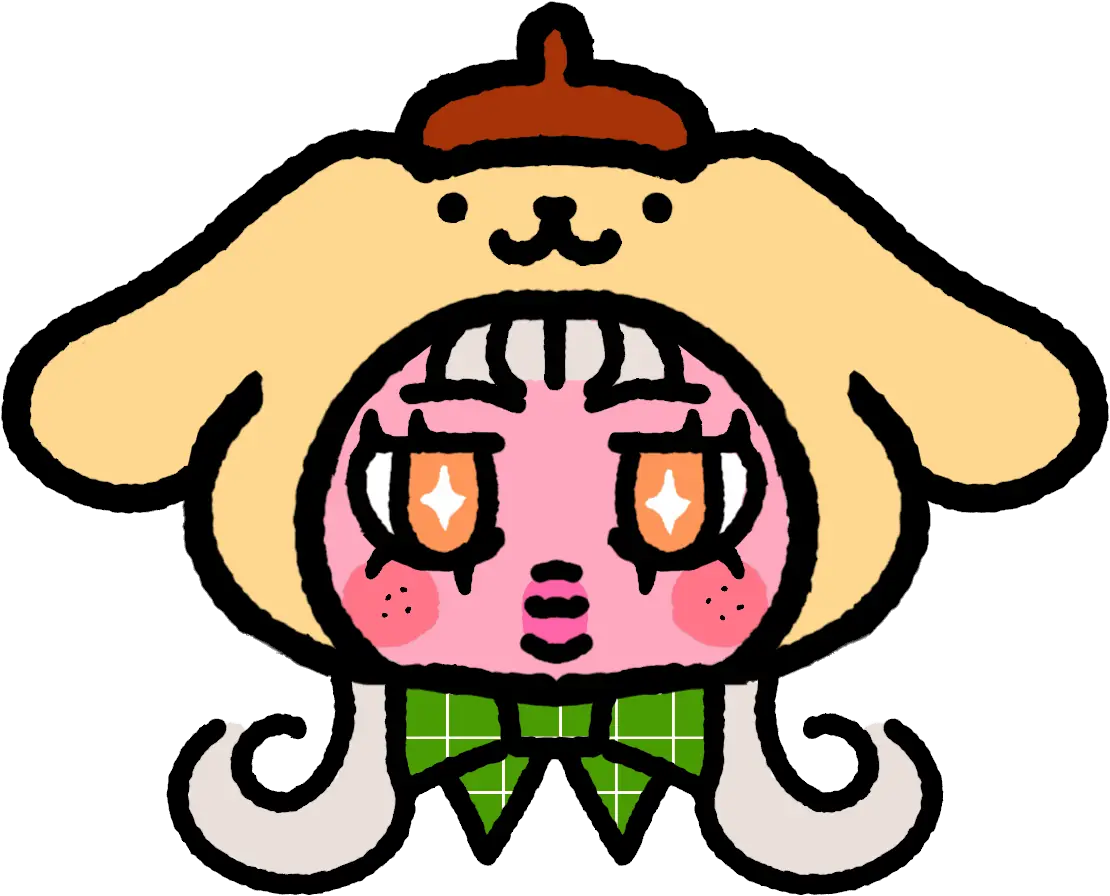 Character with a yellow floppy-eared dog hood, brown beret, starry orange eyes, and green bow.