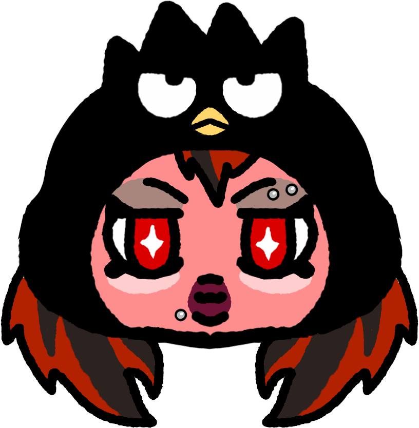 Character with a black penguin hood, dark hair with red accents, and red starry eyes.