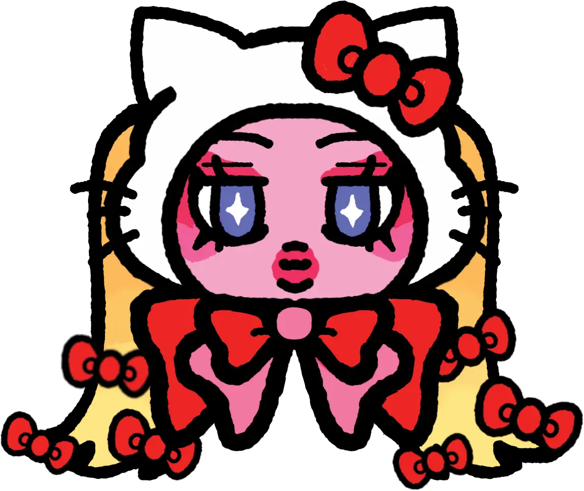 Character with a white cat hood, red ribbons, blonde braids, and blue starry eyes.