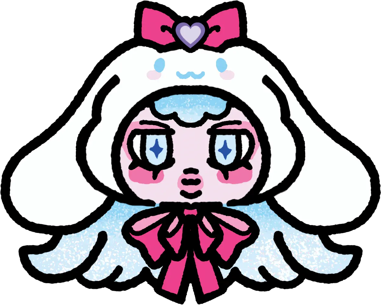 Character with a white long-eared hood, pale-blue hair, pastel eyes, and pink ribbons.