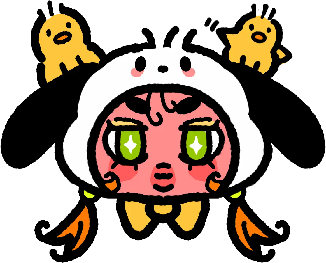 Character with a black-and-white dog hood, yellow chick details, and green starry eyes.
