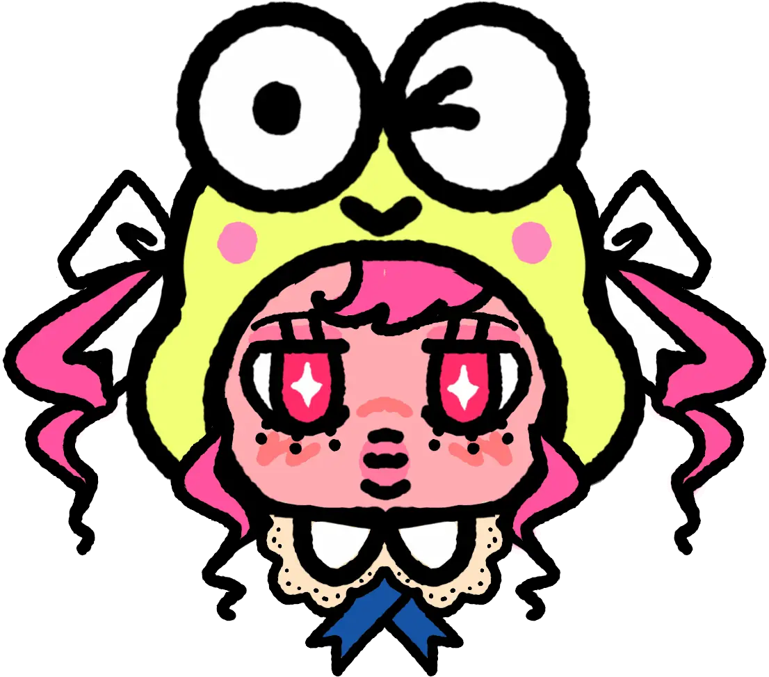 Character with a bright green frog hood, pink pigtails, starry eyes, and a blue bow.