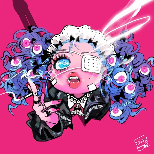 A close-up character portrait with layered pink and blue details.