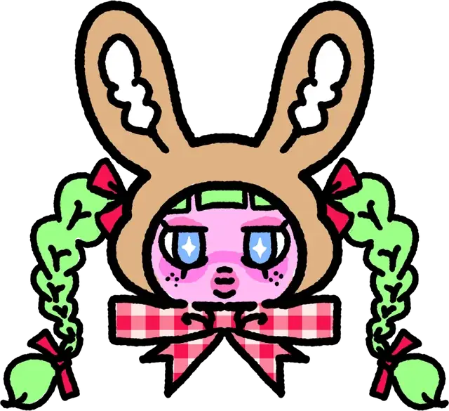 Bunny Bae with tan rabbit ears, lime-green braids, and a red gingham bow.
