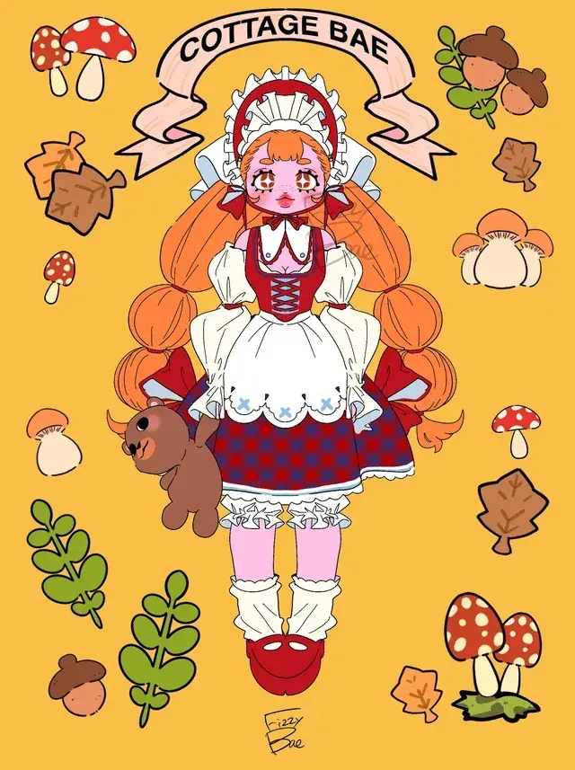 A cottage-inspired character study with food and mushroom motifs.