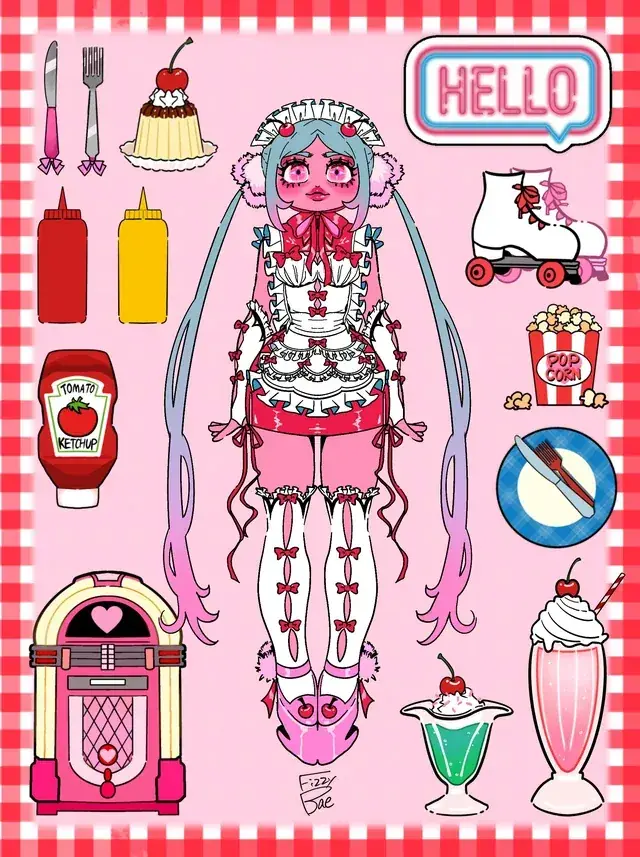 A pink character sheet with coordinated accessories.
