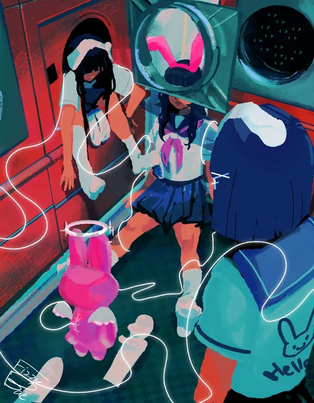 A character in a dark teal and red interior with illustrated smoke and objects.