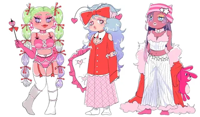 Three full-body character designs with green, blue and pink hair and distinct outfits.