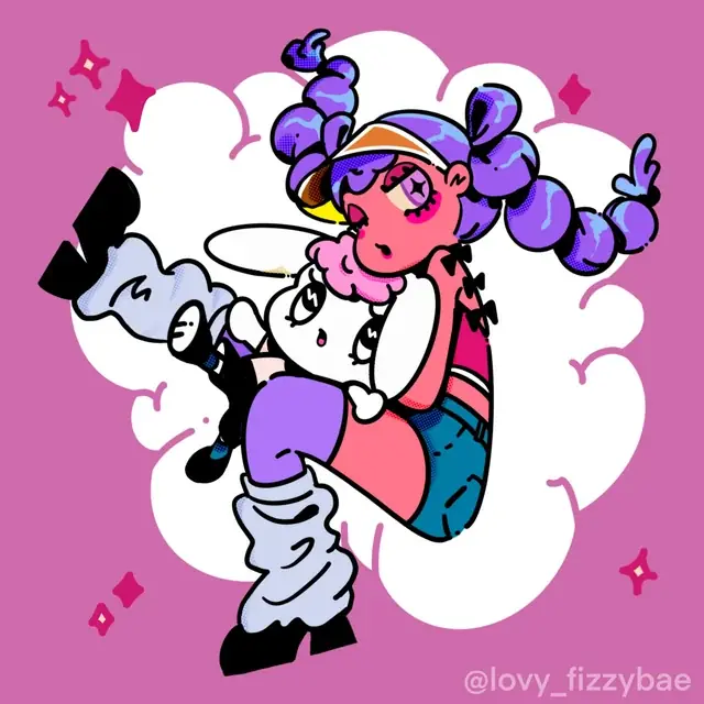 A purple-haired character with a small white companion.