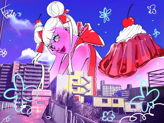 A giant pink character reclining above a city skyline beside a sparkling dessert.