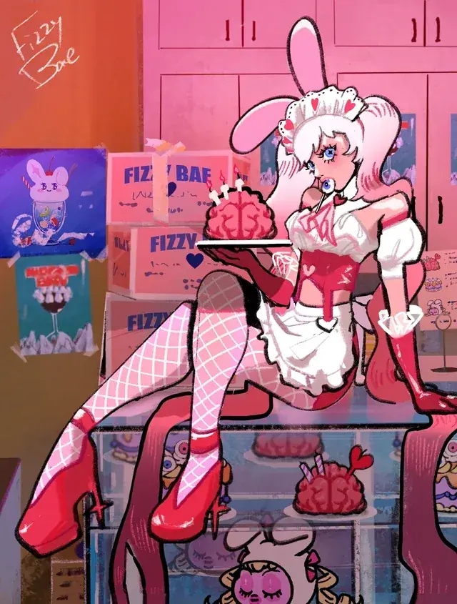 Pink-haired rabbit character in a detailed pink diner interior.