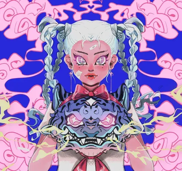 A silver-haired character framed by illustrated tigers and pink clouds.