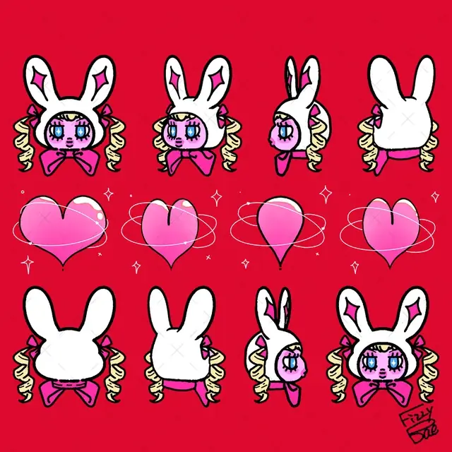 Original red Bunny Bae turnaround sheet with front, three-quarter, side and rear views, plus rotating heart-form construction drawings