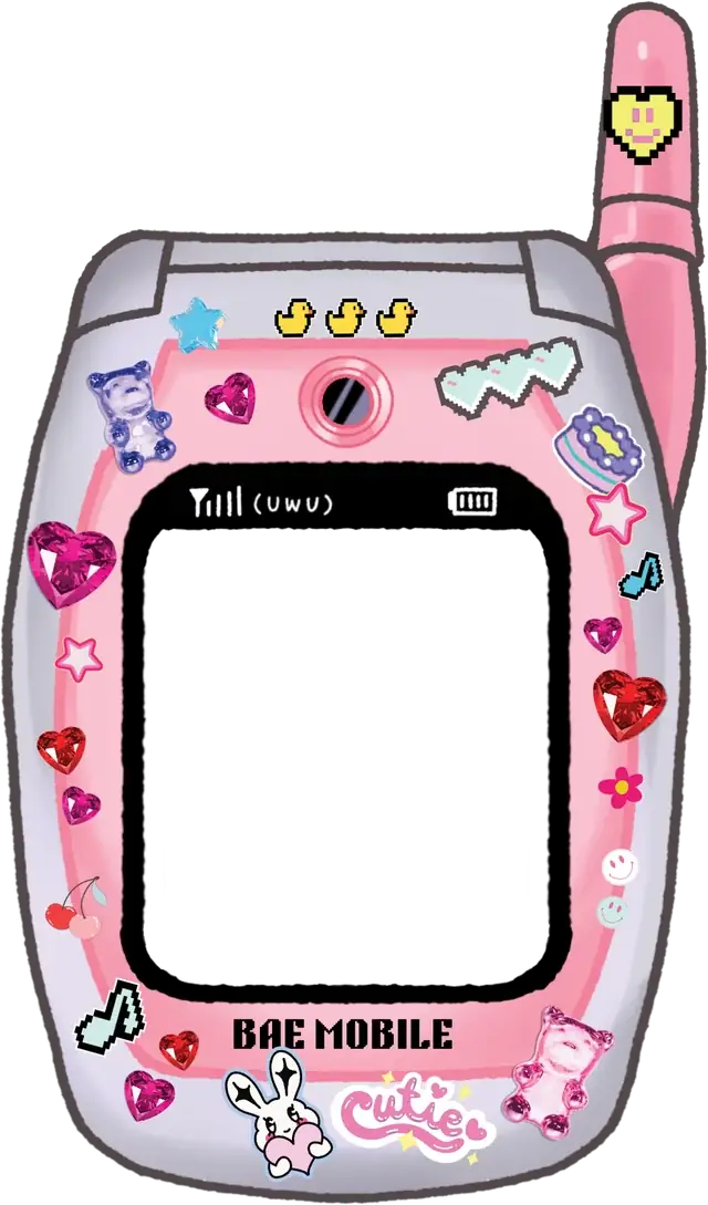 A decorated pastel flip phone, front view.