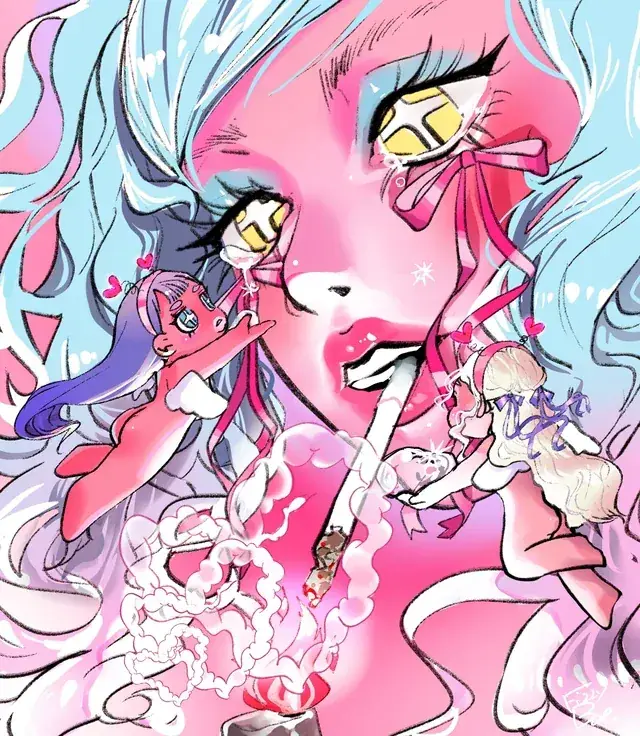 A blue-haired Fizzy Bae character with yellow starry eyes, two small angels and pink illustrated clouds.
