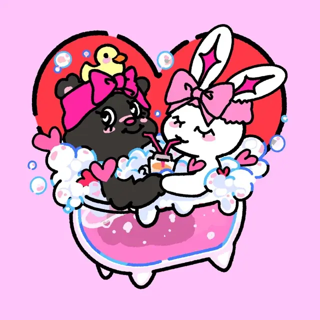 Two characters sitting together in a colorful bowl.