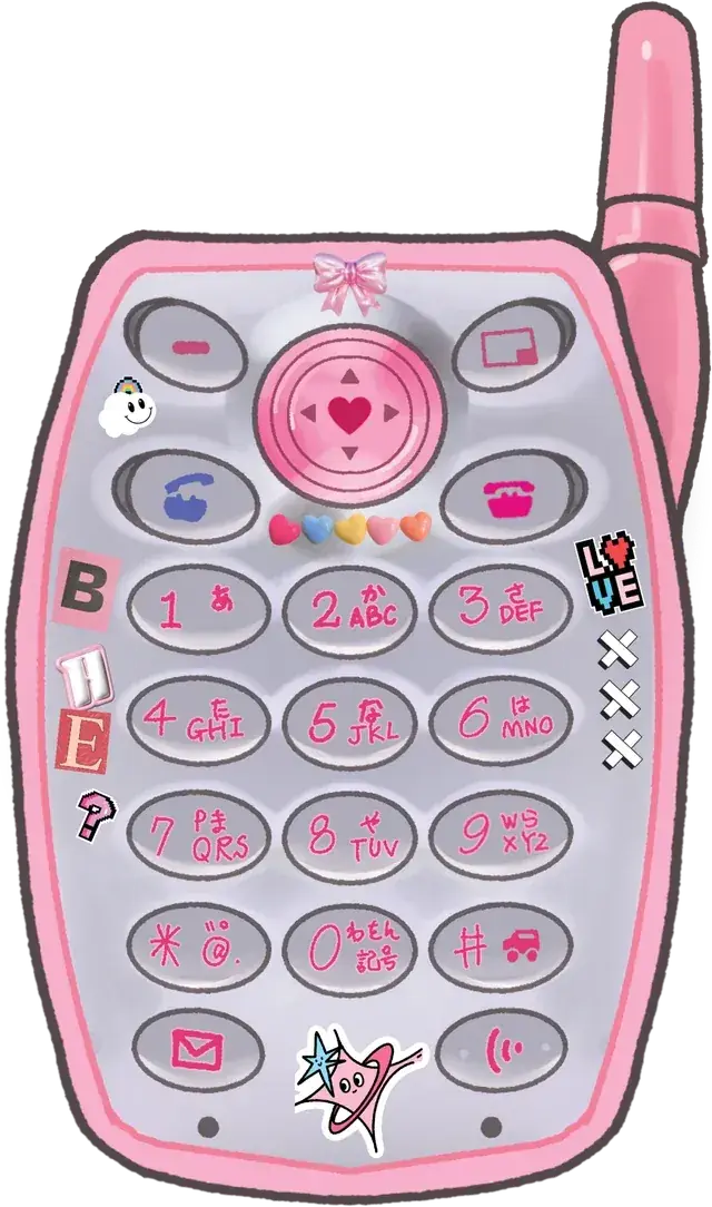 A pink mobile phone with a decorated keypad.