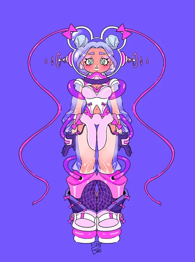 A lavender character study with orbiting details.