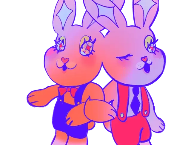 A pair of pink and purple rabbit characters.