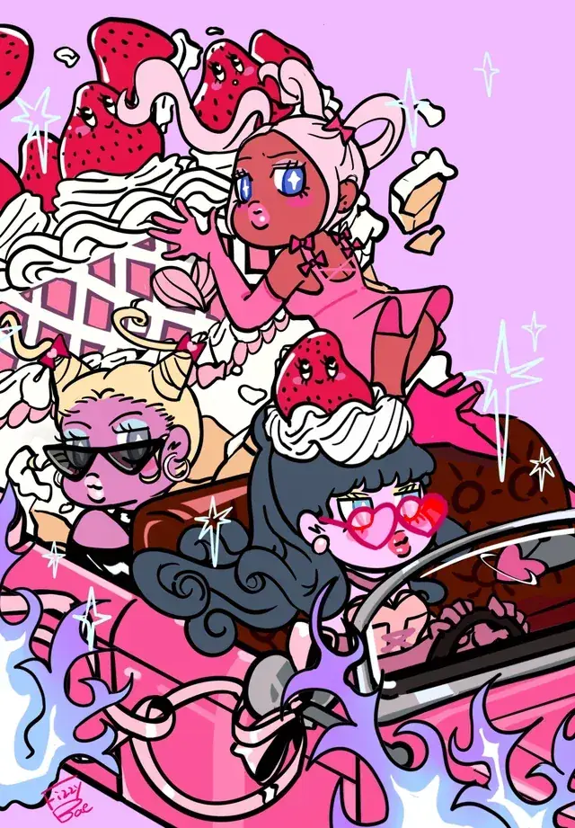 A character surrounded by flowing pink and white illustrated details.
