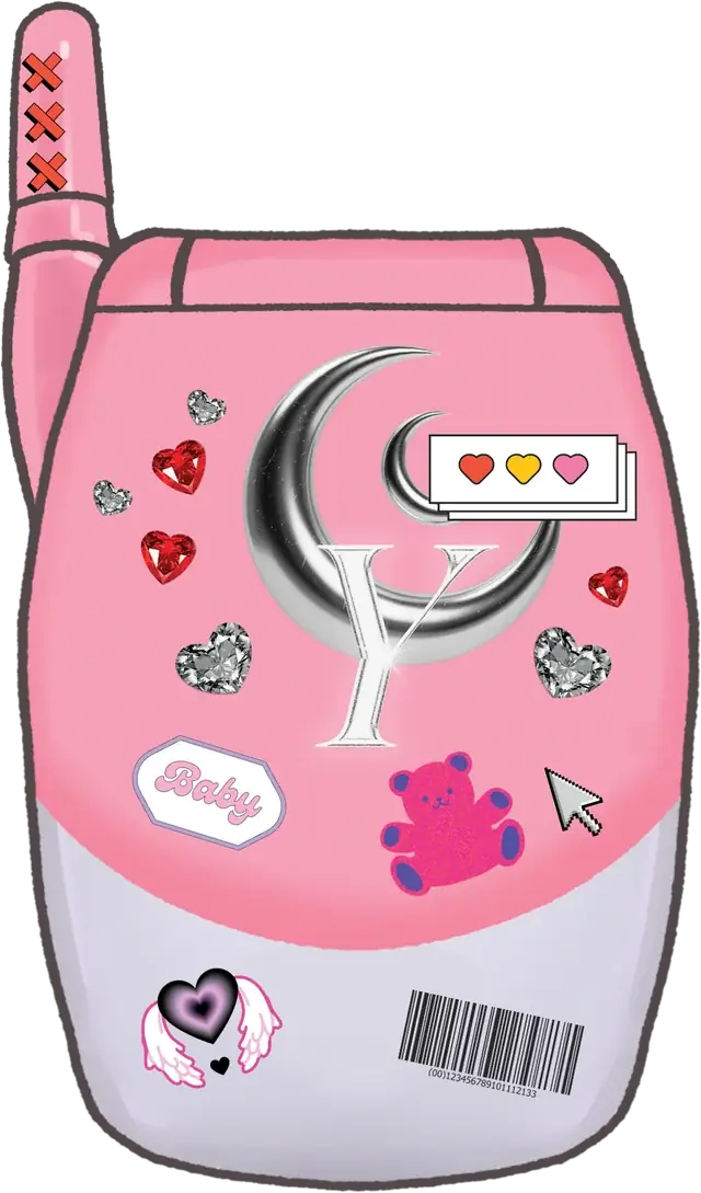 The back of a pink mobile phone with a heart detail.