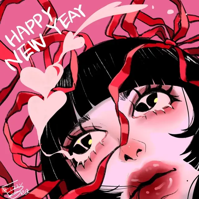 Black-haired character with red bows and Happy New Year lettering.