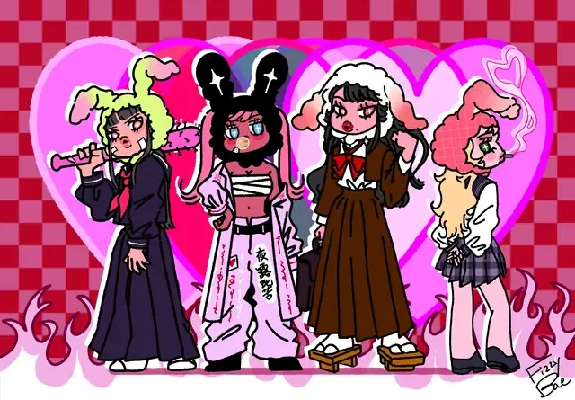 Four styled characters together against pink hearts and a gingham background.