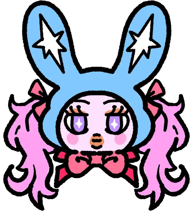 Bunny Bae with sky-blue rabbit ears, white stars, pink pigtails, lavender eyes, and a pink bow.