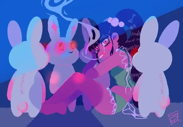 Paired rabbit characters and overlapping blue and pink silhouettes in a complete graphic composition.