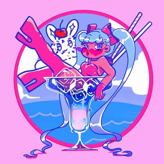 A character floating inside a graphic cocktail glass.