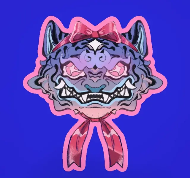 A stylized tiger head with pink ribbons.