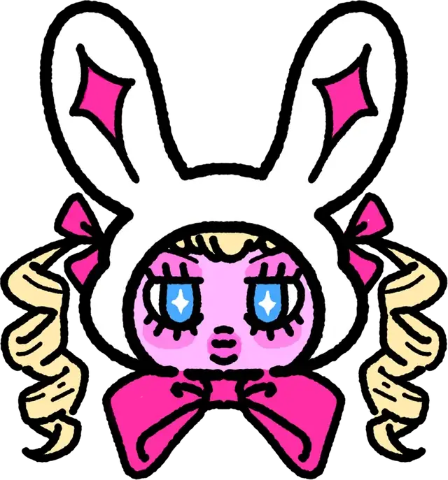 Bunny Bae with white rabbit ears, blonde curls, cyan starry eyes, and a hot-pink bow.