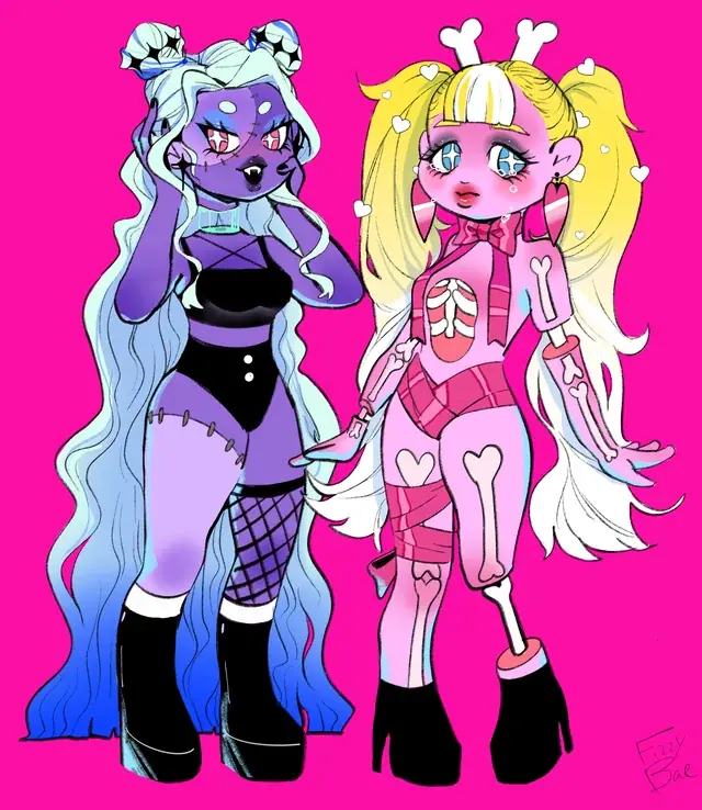 Two complete fantasy character designs, one purple with blue hair and one pink with blonde hair.