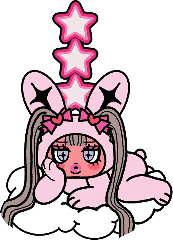 A bunny character resting on a cloud below three pink stars.