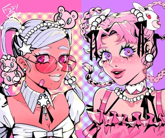 Two characters in maid styling, with heart details and contrasting blue and pink hair.