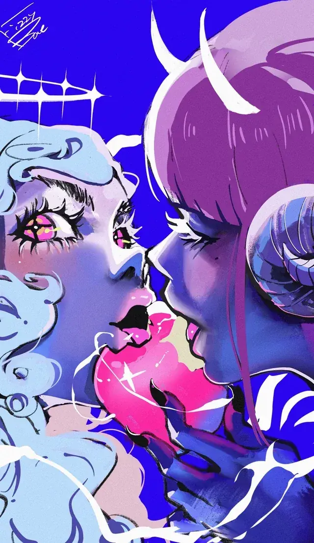 Two characters in a close-up composition of electric blue, lavender and hot pink.